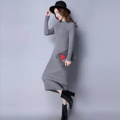 【グレー色★Ｌサイズ　】長袖ニットひざ丈　ワンピース秋冬　暖かい 女性