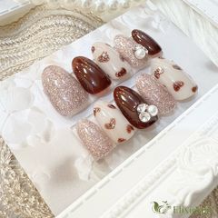 現品】ネイルチップ ブラウン ベージュ ハート - メルカリ