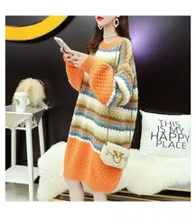 【オレンジ★ＸＬ】レディース ニット セーター　チュニック　ワンピース ゆったり春秋冬　Aライン　体型カバー　ゆったり　大きめ