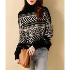 【Ｌサイズ】レディース　ハイネック　幾何学模様　ニット　タートルネック　セーター