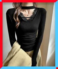 新品 レディース チョーカー風 カットソー レース付き Tシャツ 春秋 トップス 細見え フィット インナー 黒【送料無料】