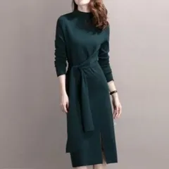 【グリーンＸＬサイズ】レディース ニットワンピース おしゃれ　秋 冬　Aライン　体型カバー　ゆったり　大きめ