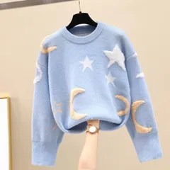 【ライトブルー★XL】月＆星柄セーター長袖 秋冬暖かい 女性可愛い 　Aライン　体型カバー　ゆったり　大きめ