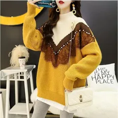 【イエロー・ＸＬサイズ】秋冬レディース用ハイネックセーター　パール ビジュー付　体型カバー　ゆったり　大きめ