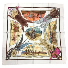 希少 HERMES エルメス スカーフ カレ90 CHASSES EXOTIQUES エキゾチック狩猟 白 美品 aq11842