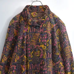 90s 日本製 ROZEN yokohama ピッグスキン アート プリント レザーコート 本革 ロングコート 総柄 幾何学模様 フラワー レトロ Aライン ジャパンヴィンテージ ビンテージ 古着 レディースフリーサイズL〜XL相当