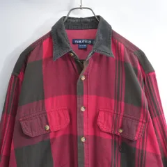 90s〜 Nautica ノーティカ コーデュロイカラー ロゴ刺繍 バッファローチェック コットンシャツ 長袖シャツ レッド ブラック ヴィンテージ ビンテージ USA アメリカ古着 メンズL相当