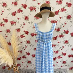 ギンガムチェック ワンピース ライトブルー フリル マキシ丈 体型カバー かぶり 涼しげ 透け感あり サマーワンピ