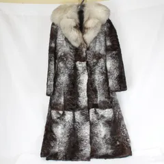 美品『USED』ロングコート アウター 11号 ホワイト×ブラウン 本毛皮 レディース ミモレ丈 リアルファー 高級 ボリューム もこもこ