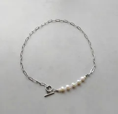 シルバーリンクチェーン　マンテル パールネックレス　サージカルステンレス