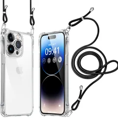 iPhone 14pro ケース クリア ショルダー 耐衝撃 レンズ保護 肩掛け 首かけ 斜めがけ 縄掛け カバー 調節可能な 透明 落下防止 縦/横 紛失防止 2WAY （ブラック）