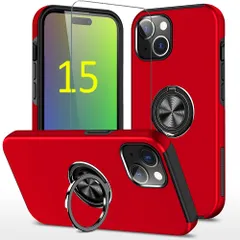 iPhone 15 用 ケース ?化 ガラス フィルム リング スタンド 付き 耐衝撃 いPhone15 対応 カバー 耐衝撃ケース リング付きケース レッド