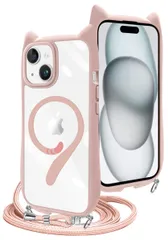 iPhone 15 ケース 専用 猫耳 mimi MagSafe対応 TPU ストラップ付き ショルダー 肩掛け 縄掛け 紐付き 斜めがけ ストラップ着脱可 ネックストラップ 長さ調整可能 取り外し可能 ねこみみ 猫 ネコ ねこ 背面クリア シンプル おしゃれ