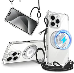 iPhone 16 Pro Max クリア 透明 ケース MagSafe対応 マグセーフ ワイヤレス充電 リング付き スタンド機能 ストラップ付き 調節可能な ショルダー マグネット搭載 TPU シリコン ストラップホール付き アイフォン 16 プロ マックス