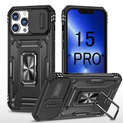 iPhone 15 Pro ケース リング スタンド付 レンズ保護 耐衝撃 ブラック