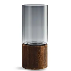 花瓶 かびん ガラス製 花器 フラワーベース 北欧風 和風 広口 半透明 大きい セミクリア いけばな 花入れ シンプル 水栽培 テラリウム容器 ストレート型円柱 洗いやすい 木製スタンド付き ギフト インテリア飾り 玄関 置物 祝い 贈り物 (口径12 cm