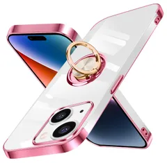 iPhone 15 用 ケース リング付き クリア iPhone15 用 カバー 耐衝撃 全面保護 軽量 薄型 イフォン 15 用 スマホケース スタンド機能 車載ホルダー対応 擦り傷防止 滑り止め 落下防止 ストラップホール付き 透明 TPU（ローズゴールド