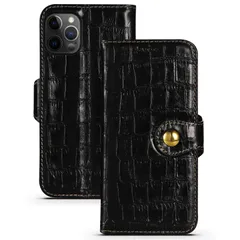 iPhone 12 Pro Max 対応 ケース クロコ型押し 本革 手帳型 カバー カード入れ スタンド機能 ストラップホール付き マグネットスナップボタン式 スマホケース(ブラック)
