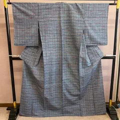 紬　袷　紬着物　着物　格子　単衣　青　リサイクル着物　t-814