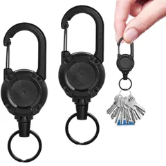 リールキーホルダー 2個セット カラビナ キーチェーン 金属製吊り輪 ワイヤーロープ 伸びる 最長伸縮60cm 頑丈 強力 落下防止 紛失防止 軽量で持ち運びに便利 釣り登山最適