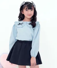 Bee【クーポン利用で20％OFF♪】セットアップ◇TOPSライトブルー◇韓国子供服 韓国子ども服 韓国こども服 キッズ 女の子 長袖 2点セット 襟付き リボン フリル 無地 100 110 120 130 140 150