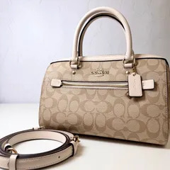 ✨Bランク　COACH　２way　ローアン　サッチェル　ボストン　ハンドバッグ　ショルダーバッグ　bag　ホワイト×ブラウン　PVC　レザー　83607　「50EL」