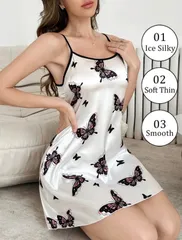 【新品】バタフライプリントサテンナイトドレス