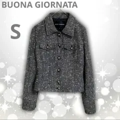 【即決ご希望額はコメントへ】 美品　BUONA GIORNATA ボナジョルナータ　ショート丈　ツイード　ジャケット　モノトーン　Ｓ　金ボタン　襟付き　レギュラーカラー　ブルゾン　クロップド丈　ミックス糸　ブークレ　シングルブレスト　オフィス　カジュアル