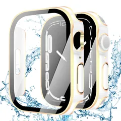 YUGYUG 対応 Apple Watch ケース Series 9/8/7 アップルウォッチ ケース PC素材 IP68 防水 3D直角エッジデザイン 光沢式 アップルウォッチ カバー ガラスフィルム 一体型 日本旭硝子材 二重構造 Apple Watch