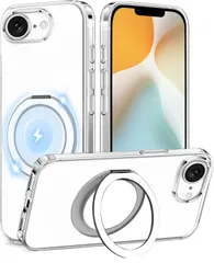 iPhone 16e ケース クリア リング付き 360°回転スタンド MagSafe対応 ワイアレス充電対応 耐衝撃 アイフォン 16e カバー 薄型 軽量 人気 iphone16e スマホケース 透明 PC + TPU 車載ホルダー対応 (クリア)