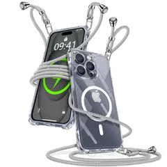 ケース 用の iPhone 15 Pro クリア ショルダー マグセーフ対応 アイフォン15 Pro カバー 肩掛け 斜めかけ 縄掛けケース 透明 TPU 携帯ケース 紐付き 織りストラップ付き 長さ調整可能 取り外し可能 落下防止 紛失防止 ワイヤレス充電対