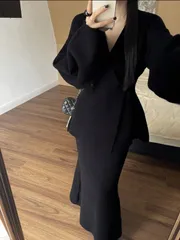 【新品未使用】DAZY 黒のバルーンスリーブVネックセットアップ S〜L