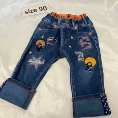 384ミキハウスmikihouse90size ダブルビービーくんアフロくんワッペンデニムパンツ