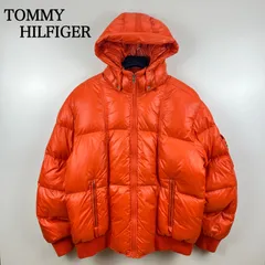 TOMMY HILFIGER y2k style shiny DOWN JACKET XL トミーヒルフィガー 光沢ダウン フード ジャケット 肉厚 オレンジ ※穴有