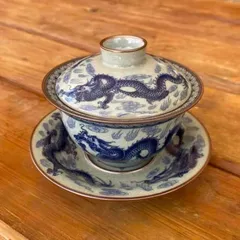 中国茶器 景徳鎮 青花九龍紋三才蓋碗 茶杯 茶道具 煎茶器 新品未使用