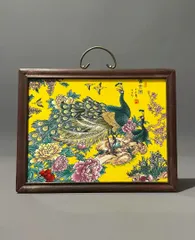 ★美品★　加藤工芸　陶板画　陶器の絵画 有田焼 陶芸家 藤井錦彩作】有田焼美術品 染錦唐草牡丹割鶉雀絵飾り