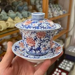 中国茶器 景徳镇 紅宝相紋三才蓋碗 蓋付き茶器 飲茶食器 煎茶具 未使用