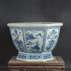 陶雀 染付山水図 外縁六角盆栽鉢 美品 約11.3cm - メルカリ