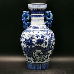 手画青花双耳海水纏枝蓮双龍紋瓶 景徳鎮 陶磁器 装飾品 現代工芸品