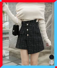 新品 レディース ツイードショートパンツ ラップスカート風 ハーフパンツ キュロットスカート 美脚 脚長 大人短パン【送料無料】