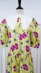 (新品)レース襟 フラワー ロング丈ワンピース パフスリーブ ティアードワンピース