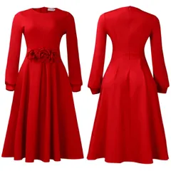 【華やか3連花】ウエスト立体花 フレア ワンピース クリスマスパーティー 忘年会 主役 ワンピース レッド