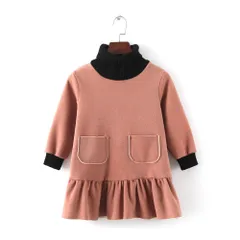 ☆ サーモンピンク ☆ 120cm ☆ キッズ ワンピース 女の子 ワンピース 長袖 ハイネック 裏起毛 レイヤード 子供服 ワンピースドレス 子供 子ども 暖かい 秋冬 キッズ ガールズ ジュニア 小学生 中学生 お出かけ シンプル カジュアル