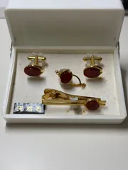 M【ヴィンテージ】カフスボタン ネクタイピン ラペルピン セット 天然石 レッド ゴールド