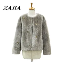ZARA ザラ フェイクファージャケット フラワーモチーフ ビジュー付 S グレージュ系