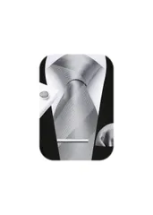 HISDERN A4-01 結婚式 シルバー ネクタイ チーフ タイピン カフスボタン 4点セット シルク フォーマル メンズ 幅8.5cm ブランド品 冠婚葬祭 婚礼用 礼服用 新郎 41柄