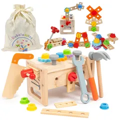 大工さんキット モンテッソーリ 玩具【知育のプロ推薦】組み立て 知育玩具【手指の発達促進】【食品衛生法試験合格】男の子 女の子 3 4 5 6歳誕生日 プレゼント 工具 大工 おもちゃさんセット 木のおもちゃ 車 収納ボックス付き (単品)
