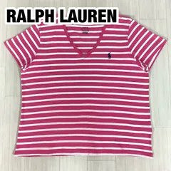 【大きいサイズ】POLO RALPH LAUREN ポロラルフローレン Vネック 半袖Tシャツ ボーダー ピンク× ホワイト XL 着丈56cm 肩幅40.5cm 身幅(脇下)53cm 袖丈16.5cm【古着】