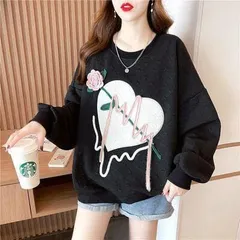 【 ブラック★ＸＬサイズ】長袖 ハート柄 トレーナーゆったり レディース　大きめ　ゆったり　体型カバー