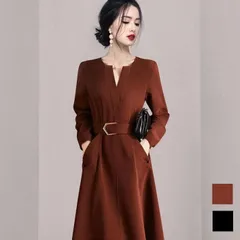 【ブラウン色★Ｌ】ひざ丈ワンピースレディースベルト付き Aライン　体型カバー　ゆったり　大きめ